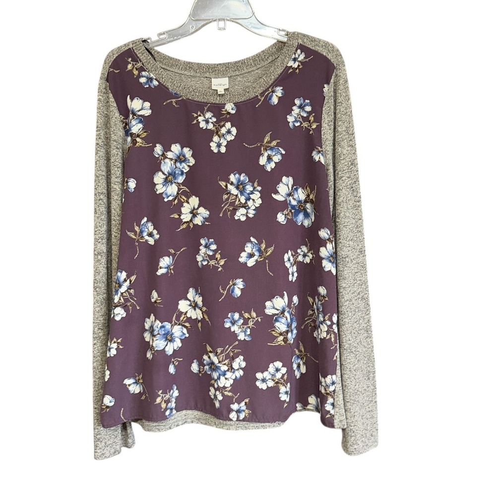 Kaileigh Womens XL Mixed Media Floral Top Heathered Gray Plum Long Sleeve Soft